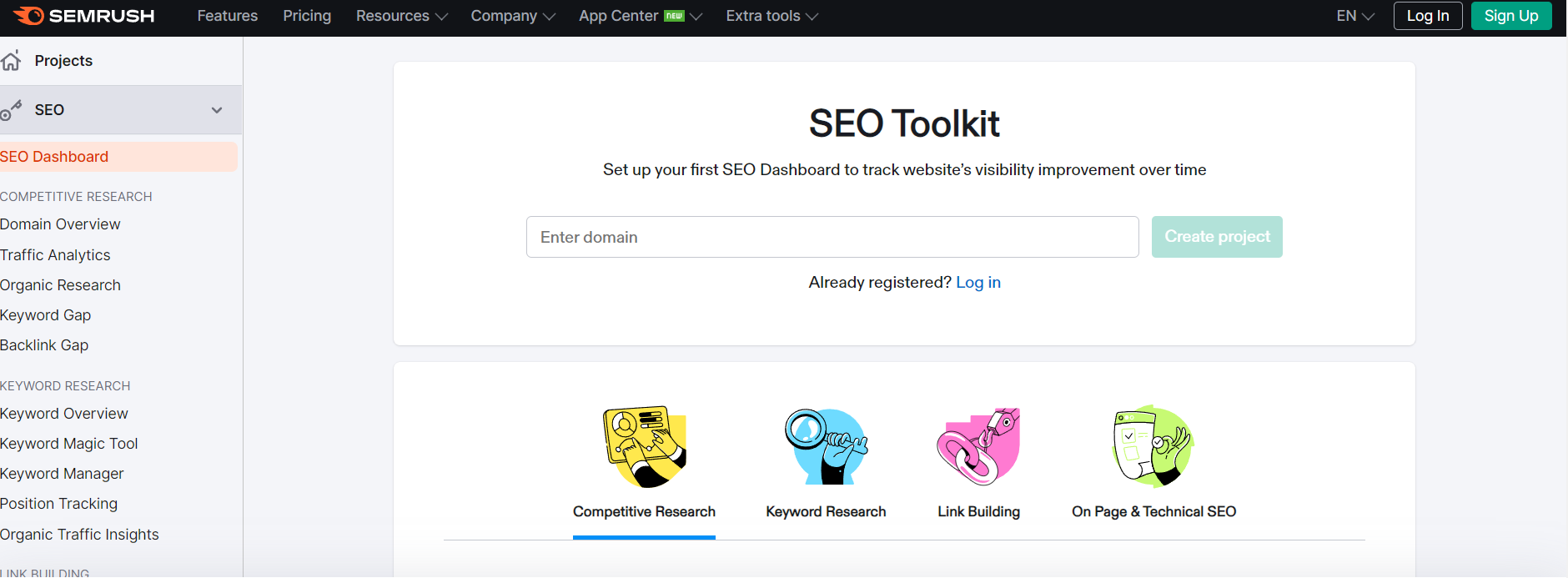 Screenshot of the home page of SEMrush SEO toolkit