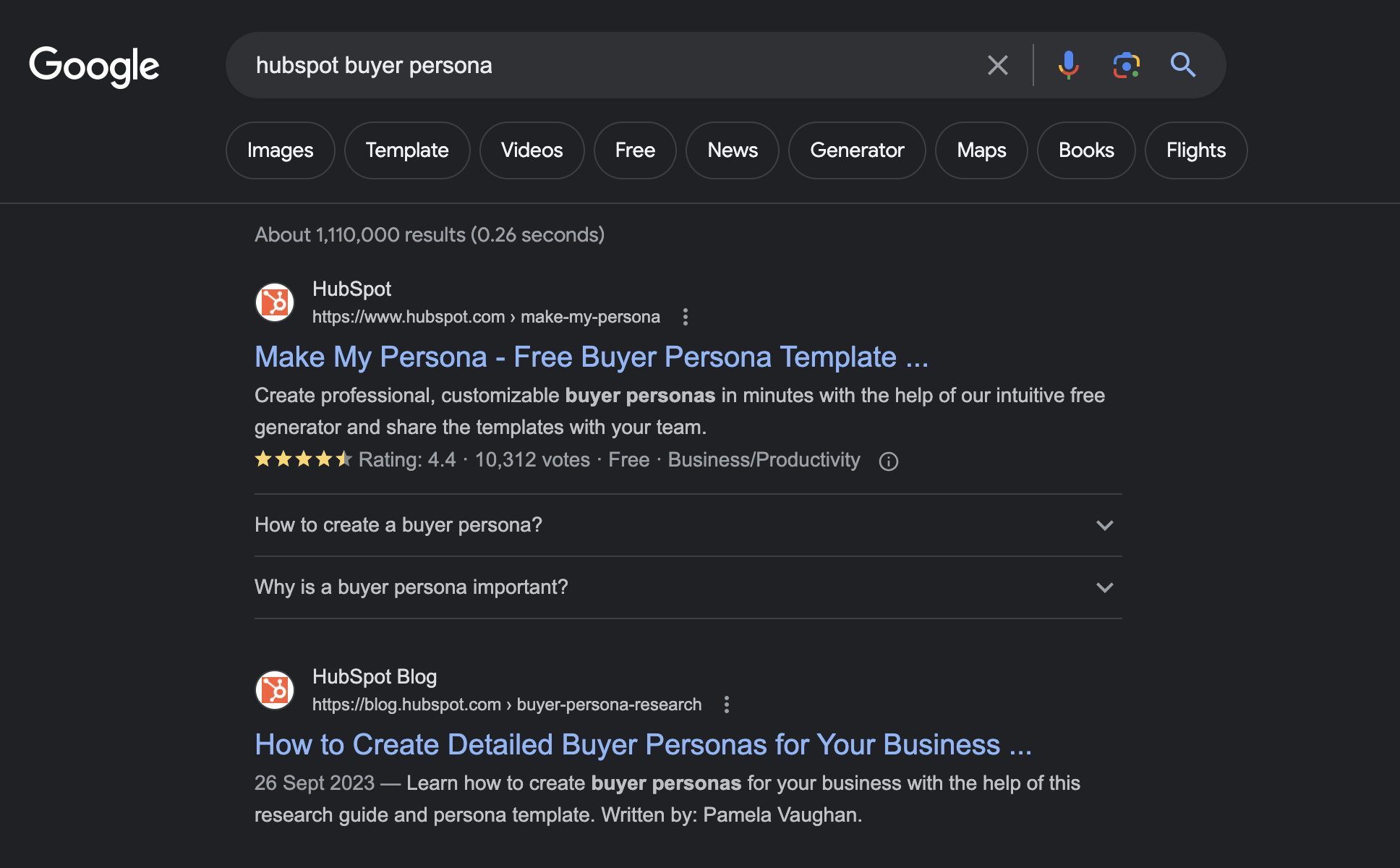 Screenshot from Google showing an example of a branding cluster in which, if you search for HubSpot buyer persona, it appears first in the Google SERP